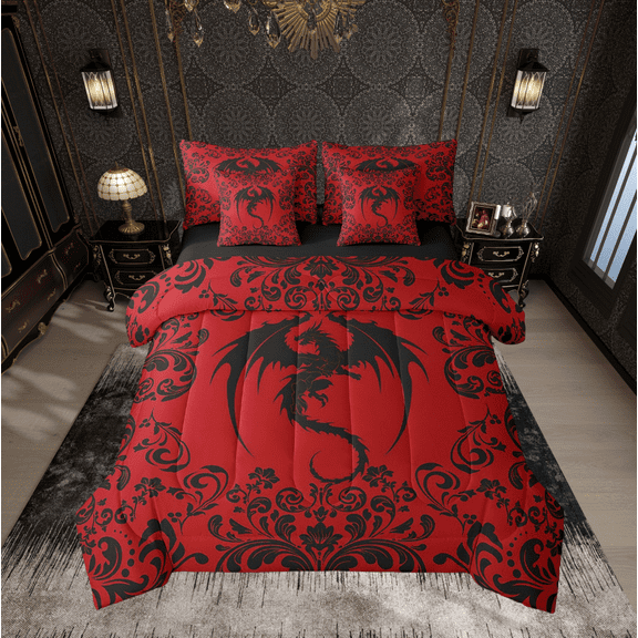Gothic Dragon Queen Comforter Set 7 Piece Goth Red Black Damask Bedding Men Bohemian Exotic Floral Animal Bed In A Bag Victorian Baroque Dragon Sheet Set With Comforter
