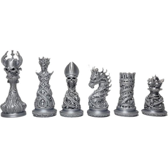 Gothic Dragon-Skull Chess Set  Silk Silver and Gold Metallic Finish 32-Piece Set Only by Znet3D