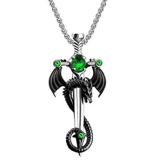 Gothic Dragon Sword Cross Pendant Necklace Men & Women, Punk Green Cubic Zirconia Vintage Wrapped