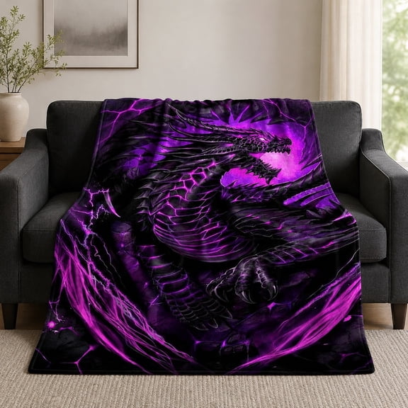 Gothic Dragon Throw Blanket – Purple Fantasy Print Polyester Fleece, 280 GSM, 4 Sizes