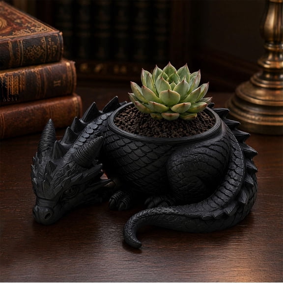 Gothic Dragon Vase 3D Printed Succulent Planter, Black Matte PVC Dragon Head Pot Desktop Organizer for Keys Jewelry , Fantasy Desk Accessory Home Office Shelf Decor Gift