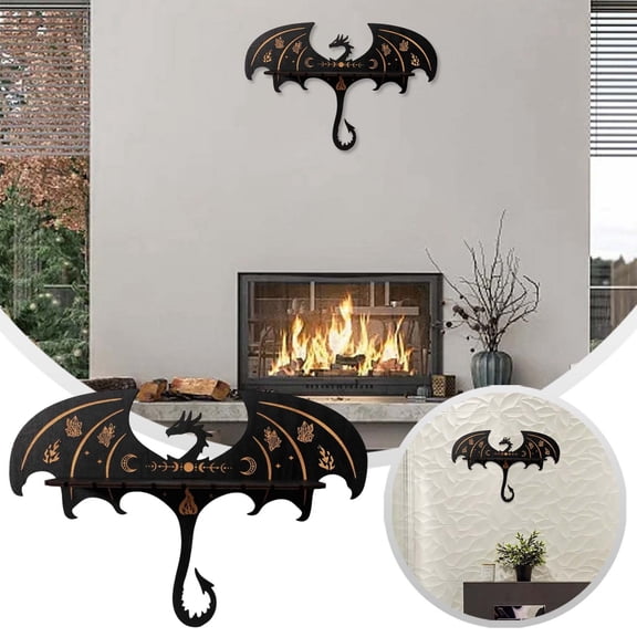 Gothic Dragon Wing Wooden Wall Shelf Moon Phase Crystal Pattern Floating Storage For Home Decor(Black-40X27Cm)