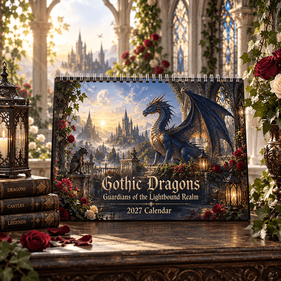 Gothic Dragons Lightbound 2027 Wall Calendar, Bright Fantasy Dragon Calendar, Castle Garden Monthly Planner Gift