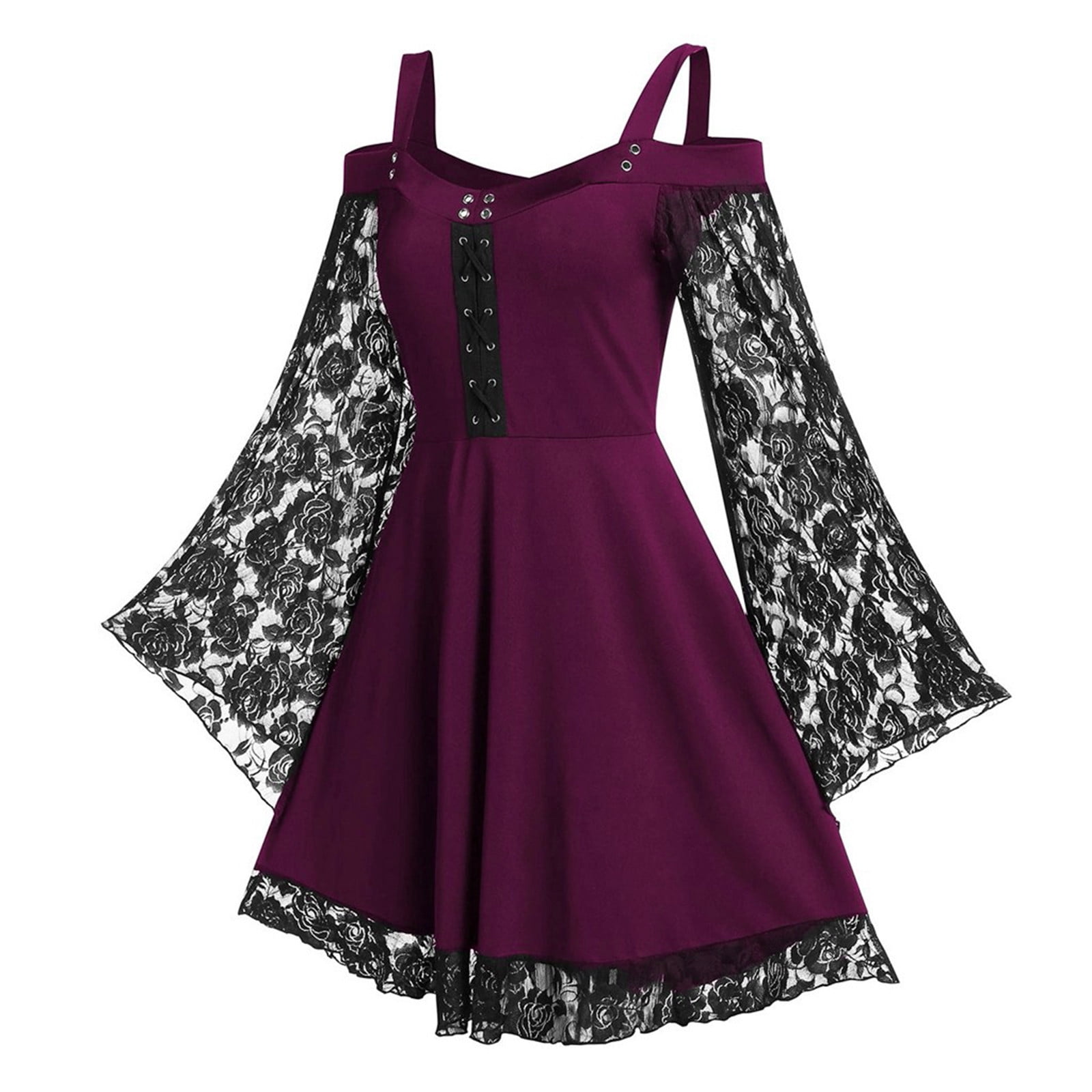 Gothic Dress Womens Cold Shoulder Bell Long Sleeve Lace Patchwork