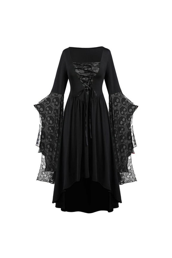 Gothic Dress for Women Butterfly Sleeve Halloween Costumes High Low Witch Cosplay Plus Size Skull Lace Punk Dress