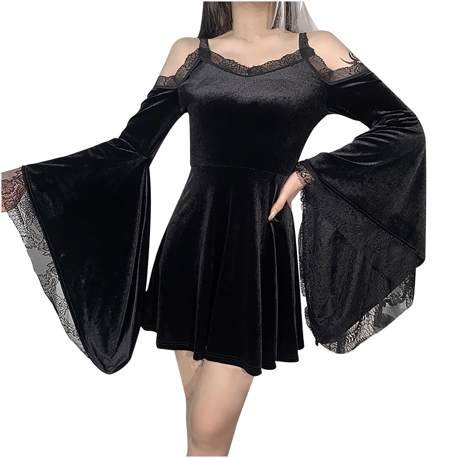Prom Mini Jacket Gothic Dress for Women off Shoulder Lace Flare Long Sleeve Velvet ...