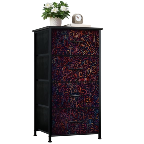 Gothic Dresser for Bedroom with 4 Storage Drawers Abstract Graffiti Gibberish texture Dressers Chest of Drawers Steel Framed Fabric Closet Organizers for Boys Man Cave Dorm Entryway