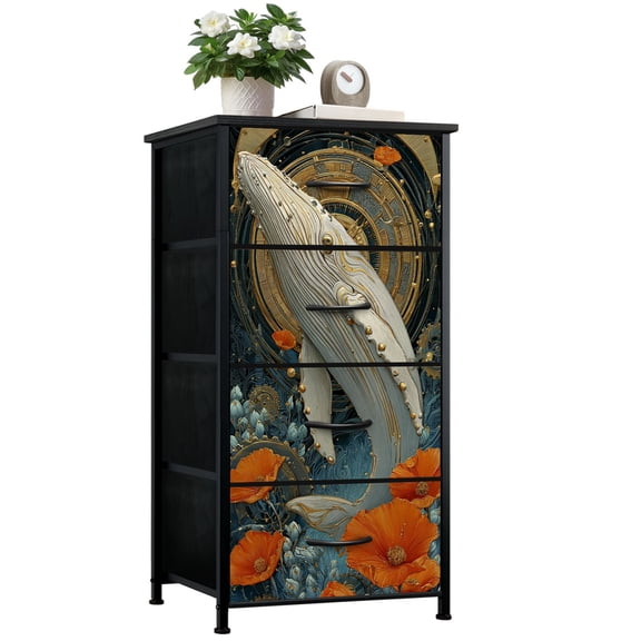 Gothic Dresser for Bedroom with 4 Storage Drawers Abstract Whale Cosmic Floral Landscape Orange Metallic Accents Dressers Chest of Drawers Steel Framed Fabric Closet Organizers for Entryway Kids
