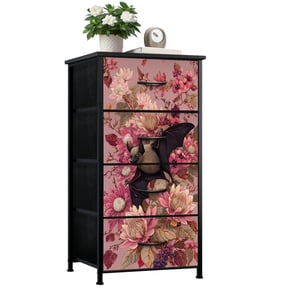 Gothic Dresser for Bedroom with 4 Storage Drawers Bat Flight Pink Floral Blooms Leaves Dressers Chest of Drawers Steel Framed Fabric Closet Organizers for Dorm Entryway