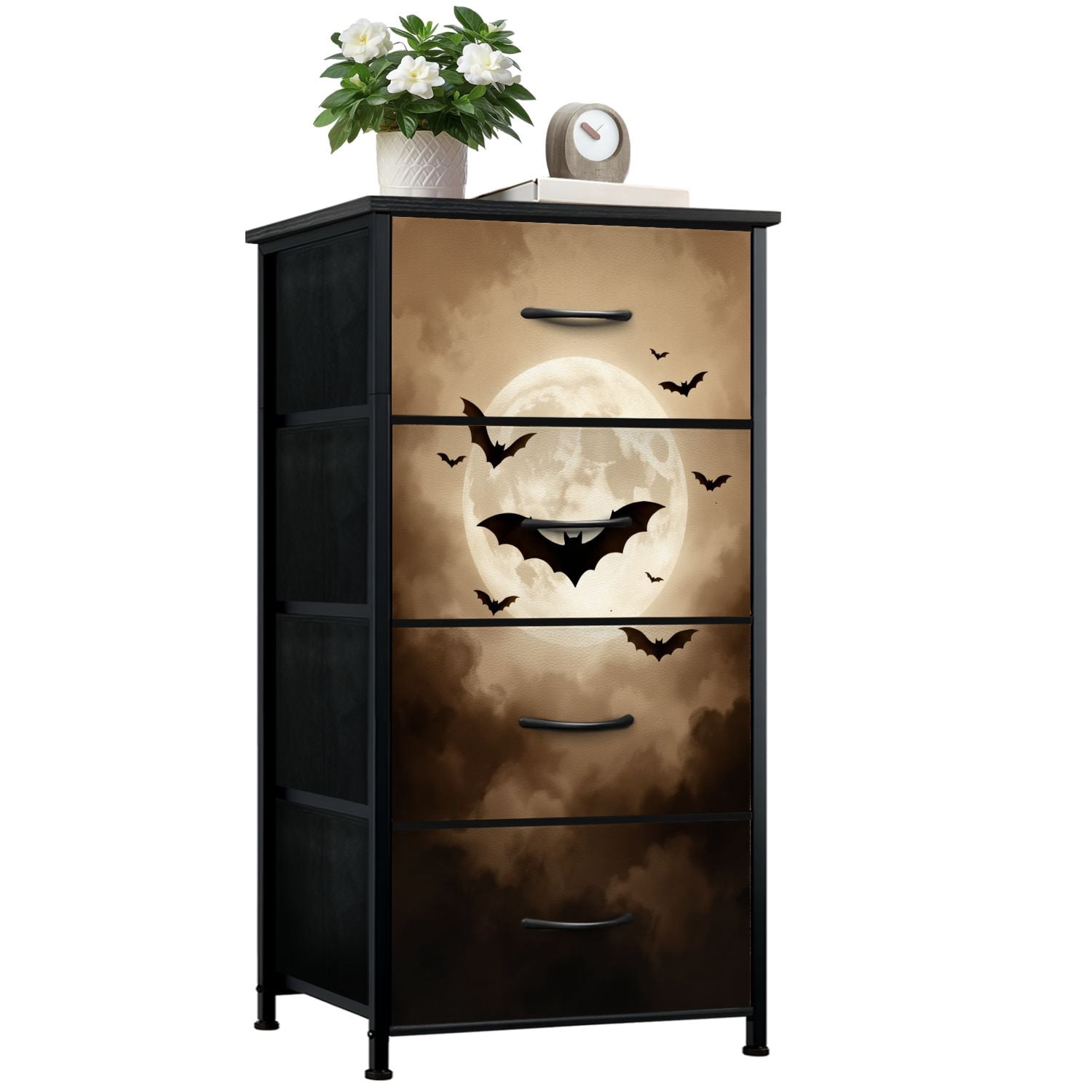 Gothic Dresser for Bedroom with 4 Storage Drawers Bats Under Full Moon Dark Misty Sky creepy Dressers Chest of Drawers Steel Framed Fabric Closet Organizers for Dorm Entryway