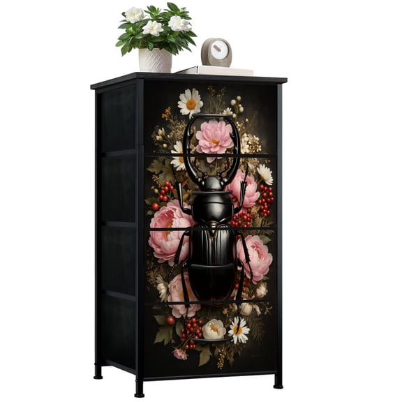 Gothic Dresser for Bedroom with 4 Storage Drawers Black Beetle Colorful Floral Bouquet Roses Daisies Dressers Chest of Drawers Steel Framed Fabric Closet Organizers for Dorm Entryway