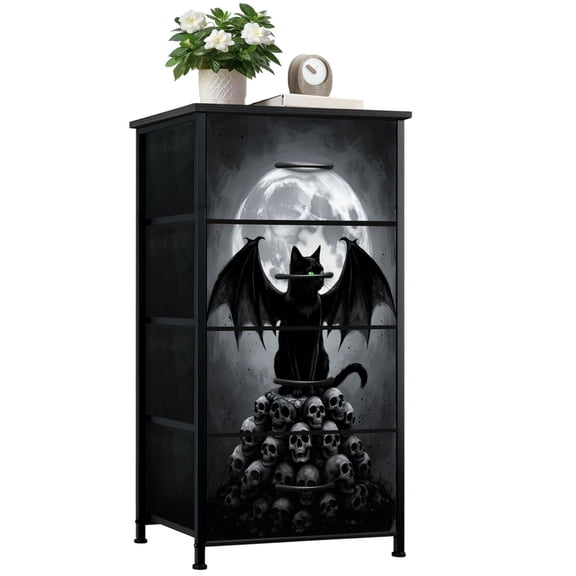 Gothic Dresser for Bedroom with 4 Storage Drawers Black Cat Bat Wings Skull Pile Under Full Moon Dressers Chest of Drawers Steel Framed Fabric Closet Organizers for Dorm Entryway Girls Women
