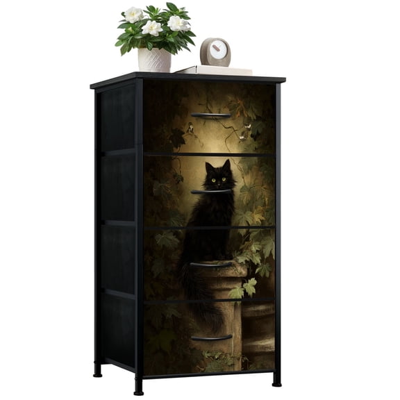 Gothic Dresser for Bedroom with 4 Storage Drawers Black Cat Green Eyes Sitting Ivy Vines Vintage Dark Dressers Chest of Drawers Steel Framed Fabric Closet Organizers for Dorm Entryway