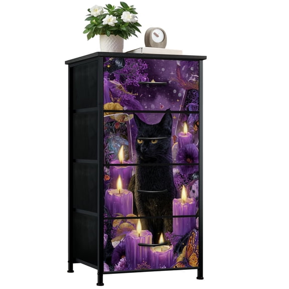 Gothic Dresser for Bedroom with 4 Storage Drawers Black Cat Purple Candles Flowers Butterflies Mystical Fantasy Dressers Chest of Drawers Steel Framed Fabric Closet Organizers for Entryway Kids Women