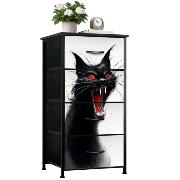 Gothic Dresser for Bedroom with 4 Storage Drawers Black Cat Red Eyes Fangs Screaming Dark Gothic Ink Dressers Chest of Drawers Steel Framed Fabric Closet Organizers for Entryway Kids Women