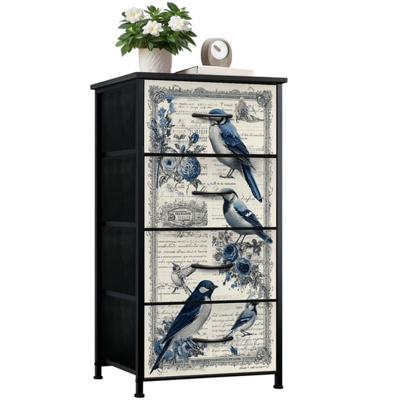 Gothic Dresser for Bedroom with 4 Storage Drawers Blue Bird Vintage Botanical Collage Roses Ornate Antique Dressers Chest of Drawers Steel Framed Fabric Closet Organizers for Dorm Entryway