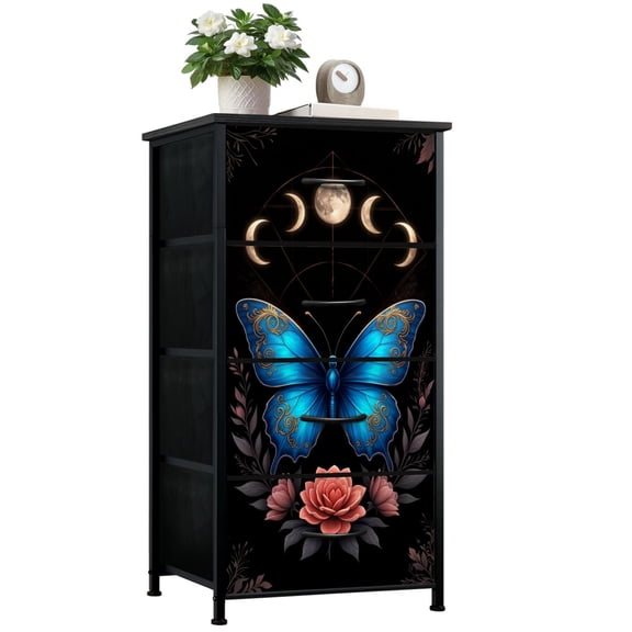 Gothic Dresser for Bedroom with 4 Storage Drawers Blue Butterfly Floral Accents Moon moth Design Dressers Chest of Drawers Steel Framed Fabric Closet Organizers for Dorm Entryway Girls Women