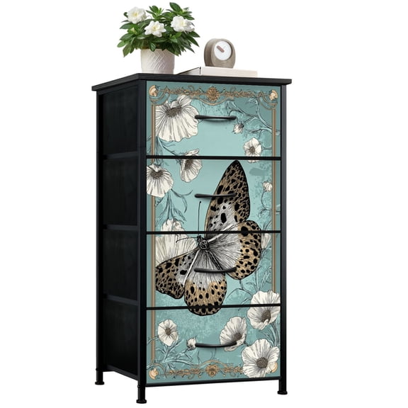 Gothic Dresser for Bedroom with 4 Storage Drawers Butterfly Vintage Floral Botanical Art Nouveau Style Dressers Chest of Drawers Steel Framed Fabric Closet Organizers for Dorm Entryway