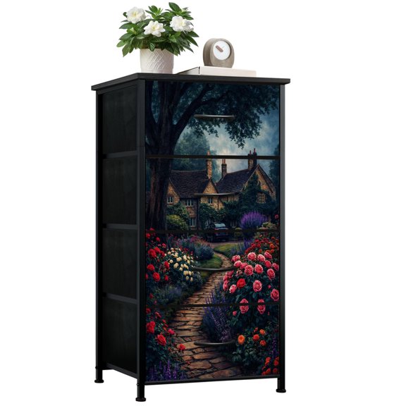 Gothic Dresser for Bedroom with 4 Storage Drawers Charming English Cottage Surrounded by Dressers Chest of Drawers Steel Framed Fabric Closet Organizers for Dorm Entryway End Table Living Room