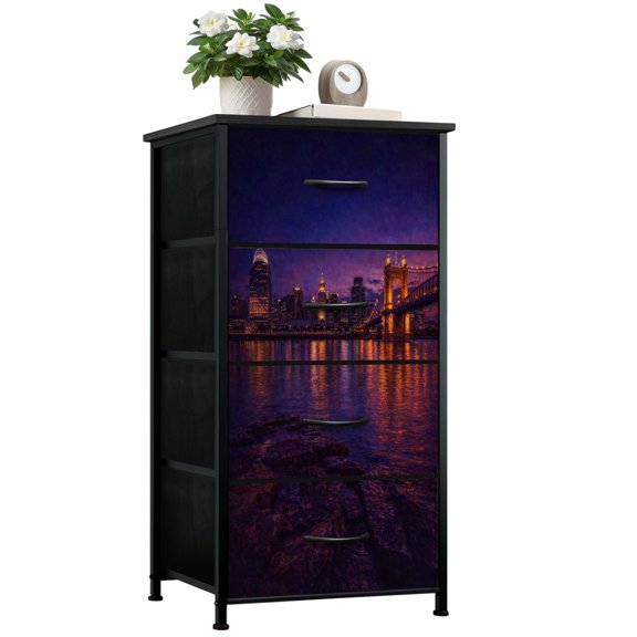 Gothic Dresser for Bedroom with 4 Storage Drawers Cincinnati skyline Dressers Chest of Drawers Steel Framed Fabric Closet Organizers for Boys Man Cave Dorm Entryway