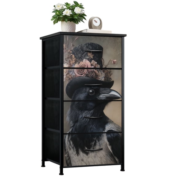 Gothic Dresser for Bedroom with 4 Storage Drawers Crow Floral Hat Vintage Style Dressers Chest of Drawers Steel Framed Fabric Closet Organizers for Dorm Entryway