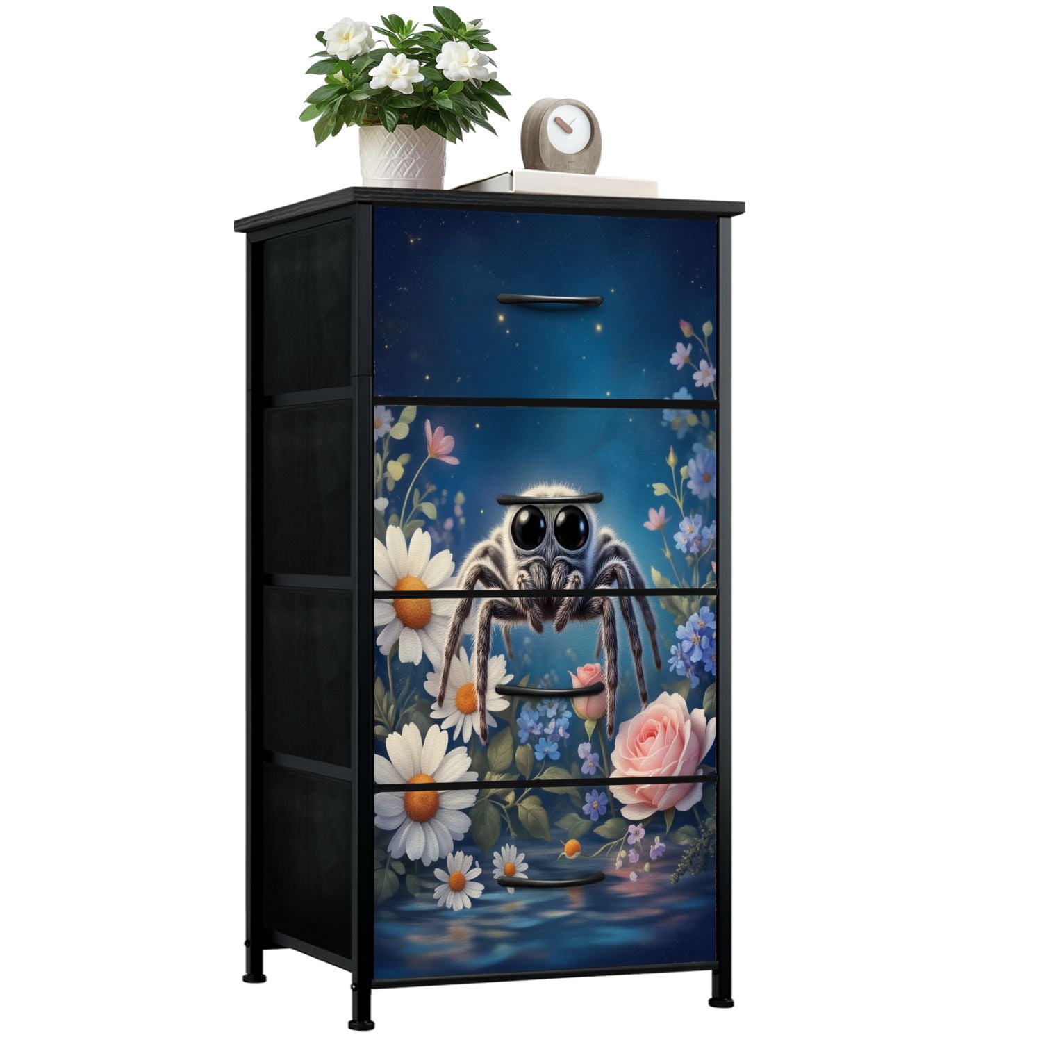 Gothic Dresser for Bedroom with 4 Storage Drawers Cute Furry Jumping Spiders Soft Pastel Flowers Dressers Chest of Drawers Steel Framed Fabric Closet Organizers for Dorm Entryway
