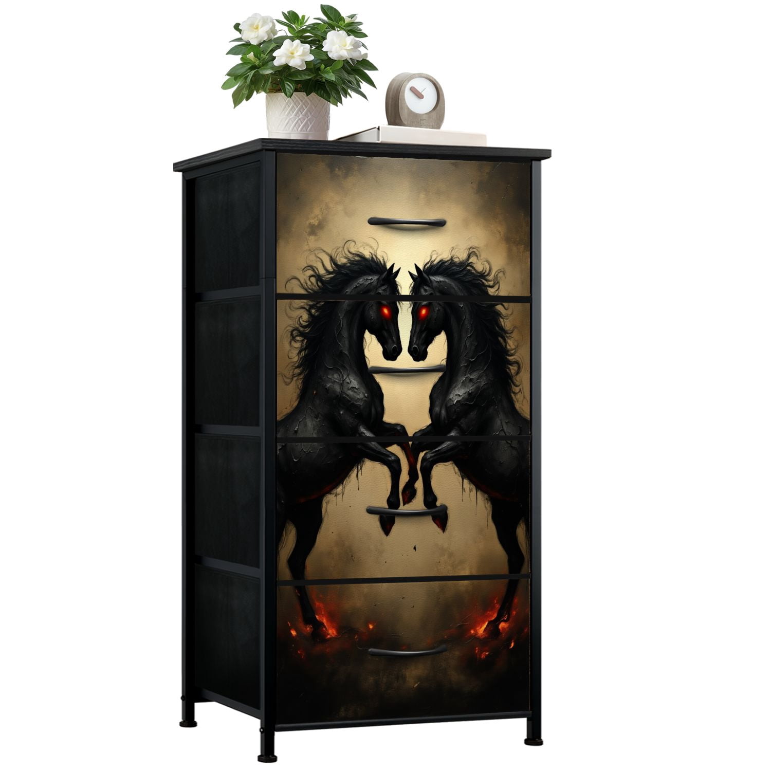 Gothic Dresser for Bedroom with 4 Storage Drawers Dark Fantasy Black Horses Fiery Accents Red Eyes Dressers Chest of Drawers Steel Framed Fabric Closet Organizers for Dorm Entryway