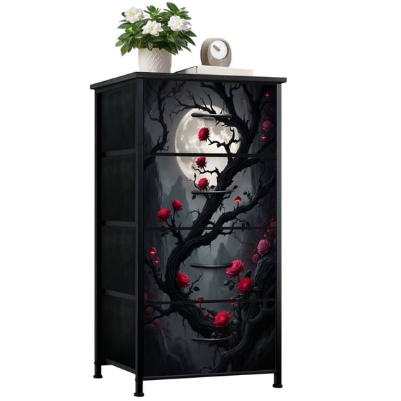 Gothic Dresser for Bedroom with 4 Storage Drawers Dark Rose Tree Red Blooms Night Sky Dressers Chest of Drawers Steel Framed Fabric Closet Organizers for Dorm Entryway Girls Women