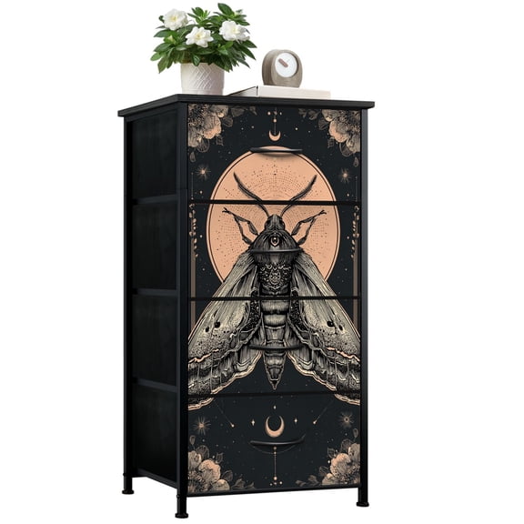 Gothic Dresser for Bedroom with 4 Storage Drawers Detailed Moth Cosmic Moon Floral Elements Dressers Chest of Drawers Steel Framed Fabric Closet Organizers for Dorm Entryway