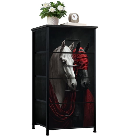 Gothic Dresser for Bedroom with 4 Storage Drawers Dramatic White Black Horses Red Dark Artistic Dressers Chest of Drawers Steel Framed Fabric Closet Organizers for Entryway Kids Women