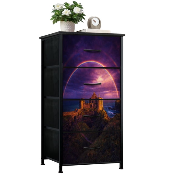 Gothic Dresser for Bedroom with 4 Storage Drawers Dunluce Castle rainbow Rock Dressers Chest of Drawers Steel Framed Fabric Closet Organizers for Dorm Entryway