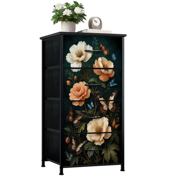 Gothic Dresser for Bedroom with 4 Storage Drawers Elegant Floral Bouquet Butterflies Soft Pastel Tones Dressers Chest of Drawers Steel Framed Fabric Closet Organizers for Dorm Entryway Living Room