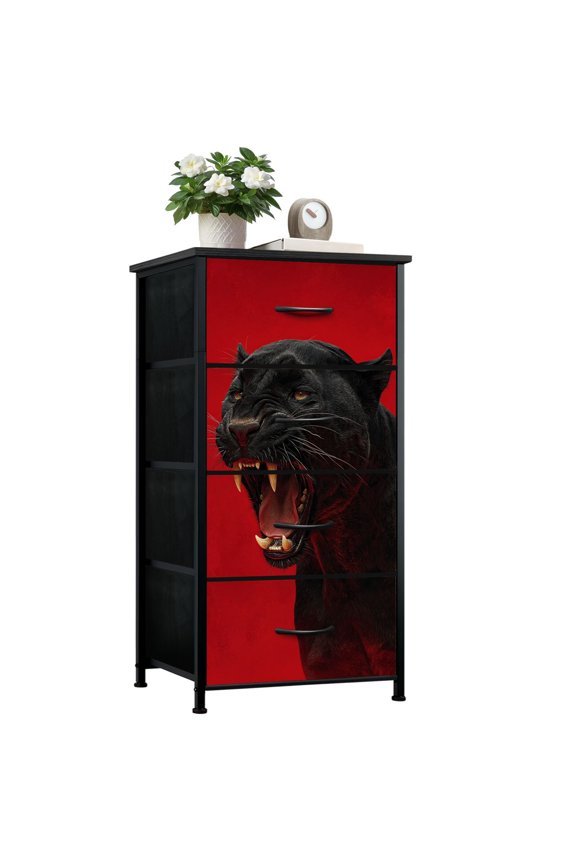 Gothic Dresser for Bedroom with 4 Storage Drawers Fierce Roaring Against Red Dressers Chest of Drawers Steel Framed Fabric Closet Organizers for Man Cave Dorm Entryway