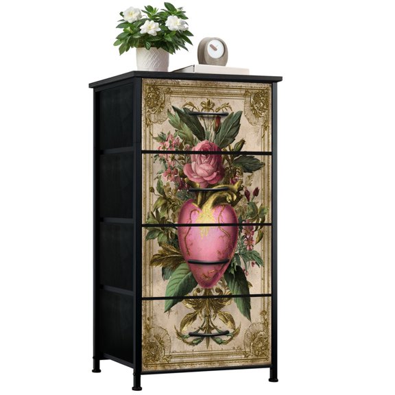 Gothic Dresser for Bedroom with 4 Storage Drawers Floral Heart Artwork Golden Core Wildflowers Dressers Chest of Drawers Steel Framed Fabric Closet Organizers for Dorm Entryway