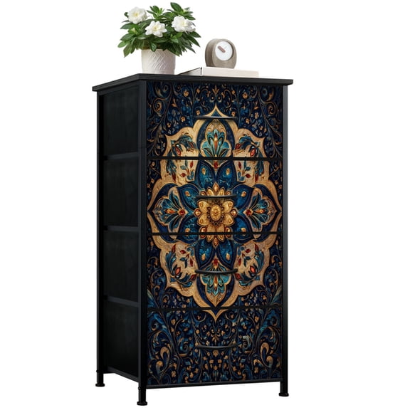 Gothic Dresser for Bedroom with 4 Storage Drawers Gold turquoise Ornament Traditional Ethnic Turkish Indian Dressers Chest of Drawers Steel Framed Fabric Closet Organizers for Boys Man Cave Dorm