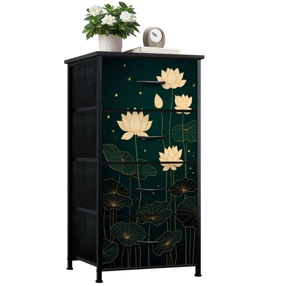 Gothic Dresser for Bedroom with 4 Storage Drawers Golden Lotus Flowers Leaves Line Art Dark Green Elegant Minimal Dressers Chest of Drawers Steel Framed Fabric Closet Organizers for Dorm Entryway