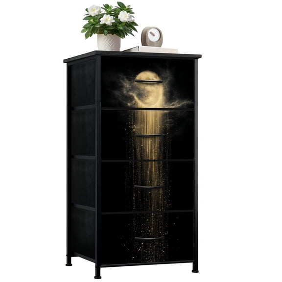 Gothic Dresser for Bedroom with 4 Storage Drawers Golden Moon Radiant Light Sparkles Dark Sky Dressers Chest of Drawers Steel Framed Fabric Closet Organizers for Dorm Entryway End Table