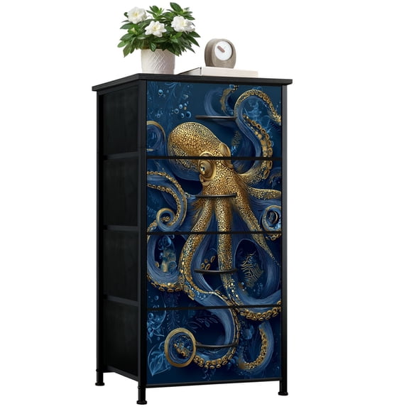 Gothic Dresser for Bedroom with 4 Storage Drawers Golden Octopus Intricate Patterns Deep Blue Dressers Chest of Drawers Steel Framed Fabric Closet Organizers for Entryway Kids Women