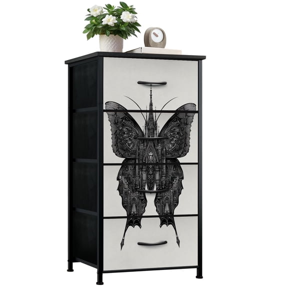 Gothic Dresser for Bedroom with 4 Storage Drawers Gothic Butterfly Intricate Castle Architecture Dressers Chest of Drawers Steel Framed Fabric Closet Organizers for Dorm Entryway