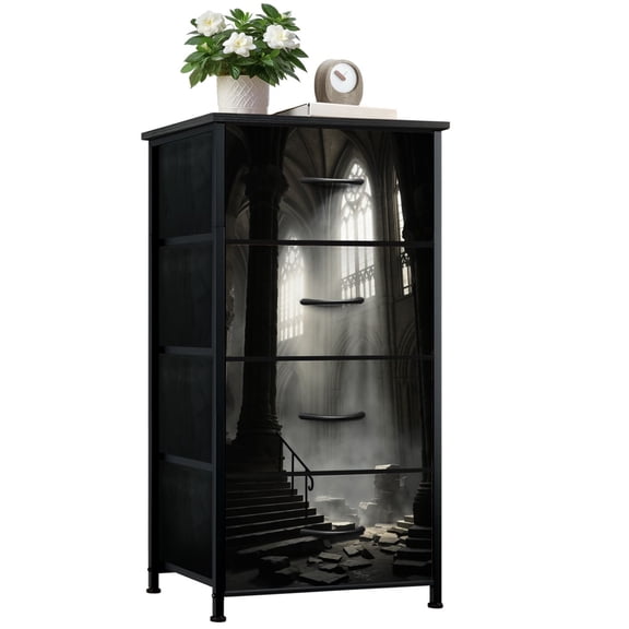 Gothic Dresser for Bedroom with 4 Storage Drawers Gothic Cathedral Ruins Dramatic Sunbeams Misty Medieval Dressers Chest of Drawers Steel Framed Fabric Closet Organizers for Dorm Entryway