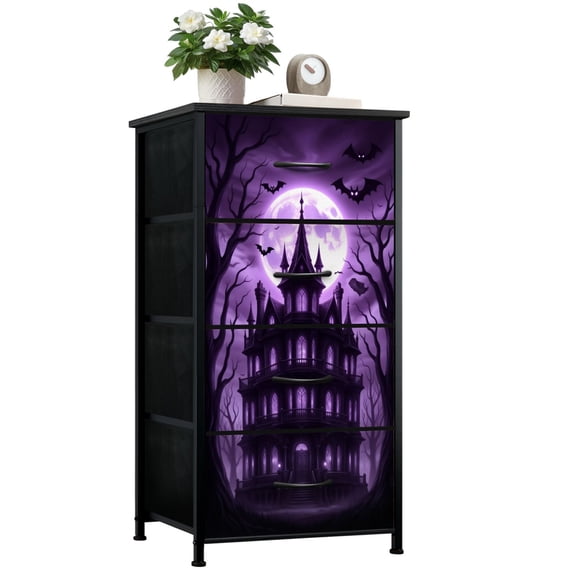 Gothic Dresser for Bedroom with 4 Storage Drawers Gothic Haunted Mansion Full Moon Bats Purple Dressers Chest of Drawers Steel Framed Fabric Closet Organizers for Dorm Entryway Girls Women