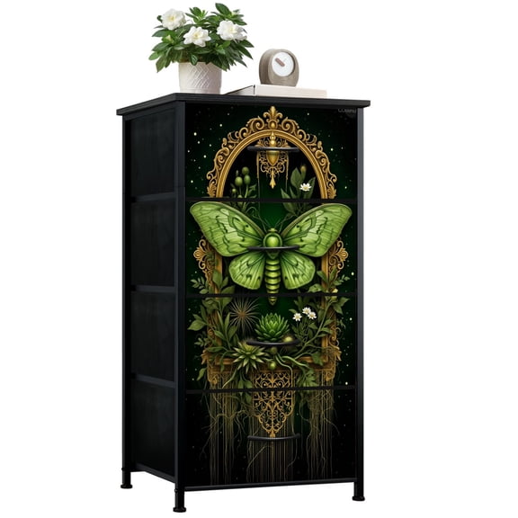 Gothic Dresser for Bedroom with 4 Storage Drawers Green Moth Foliage Ornate Gold Frame Dressers Chest of Drawers Steel Framed Fabric Closet Organizers for Dorm Entryway Girls Women