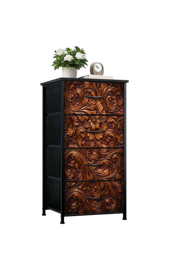 Gothic Dresser for Bedroom with 4 Storage Drawers Hand Tooled Leather Dressers Chest of Drawers Steel Framed Fabric Closet Organizers for Boys Man Cave Dorm Entryway