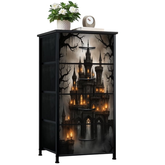 Gothic Dresser for Bedroom with 4 Storage Drawers Haunting Castle Flickering Lights Dark Trees Foggy Dressers Chest of Drawers Steel Framed Fabric Closet Organizers for Dorm Entryway Girls Women