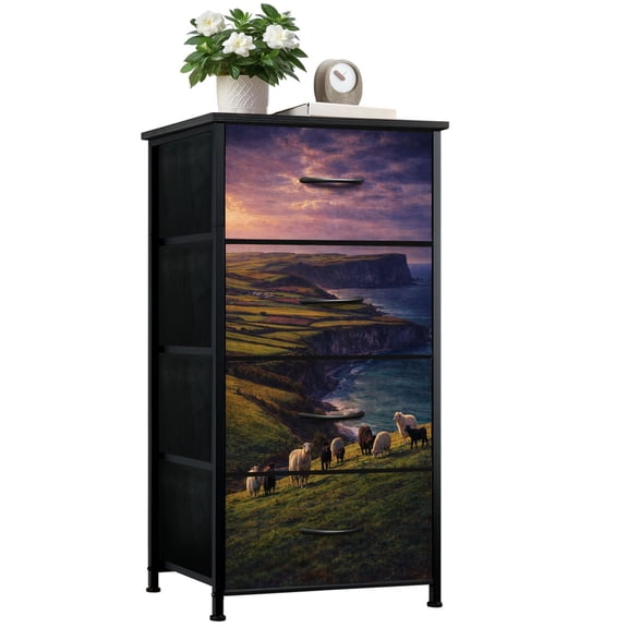 Gothic Dresser for Bedroom with 4 Storage Drawers Herd sheep goats sunset sea rolling hills Dressers Chest of Drawers Steel Framed Fabric Closet Organizers for Dorm Entryway