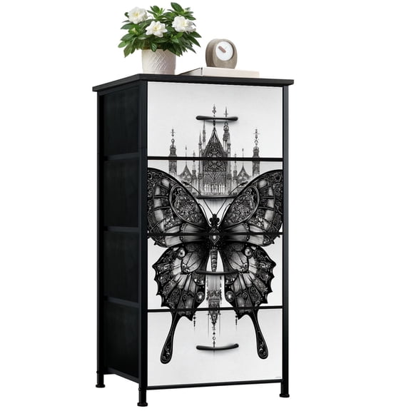 Gothic Dresser for Bedroom with 4 Storage Drawers Intricate Black White Butterfly Gothic Architecture Dressers Chest of Drawers Steel Framed Fabric Closet Organizers for Dorm Entryway