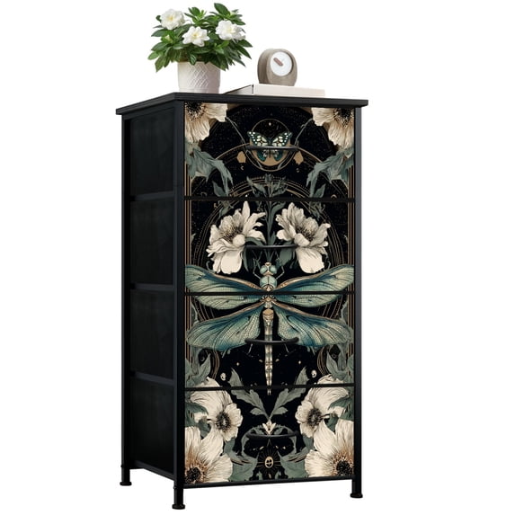 Gothic Dresser for Bedroom with 4 Storage Drawers Intricate Dragonfly Floral Celestial Elements Dressers Chest of Drawers Steel Framed Fabric Closet Organizers for Dorm Entryway