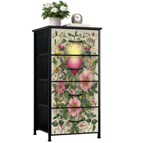 Gothic Dresser for Bedroom with 4 Storage Drawers Intricate Golden Framed Heart Wild Roses Wildflower Dressers Chest of Drawers Steel Framed Fabric Closet Organizers for Dorm Entryway