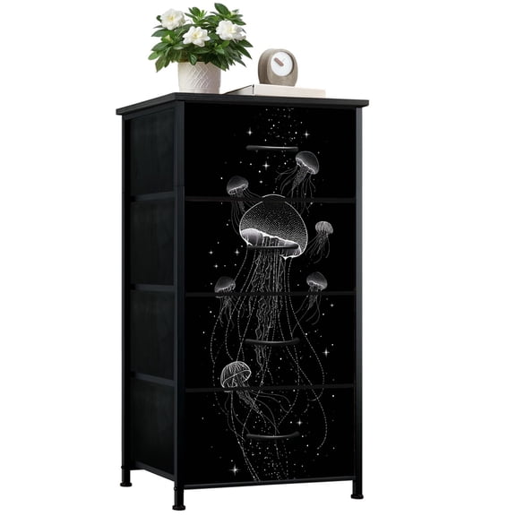 Gothic Dresser for Bedroom with 4 Storage Drawers Jellyfish Line Art Floating Starry Night Space Black Dressers Chest of Drawers Steel Framed Fabric Closet Organizers for Entryway Kids Women