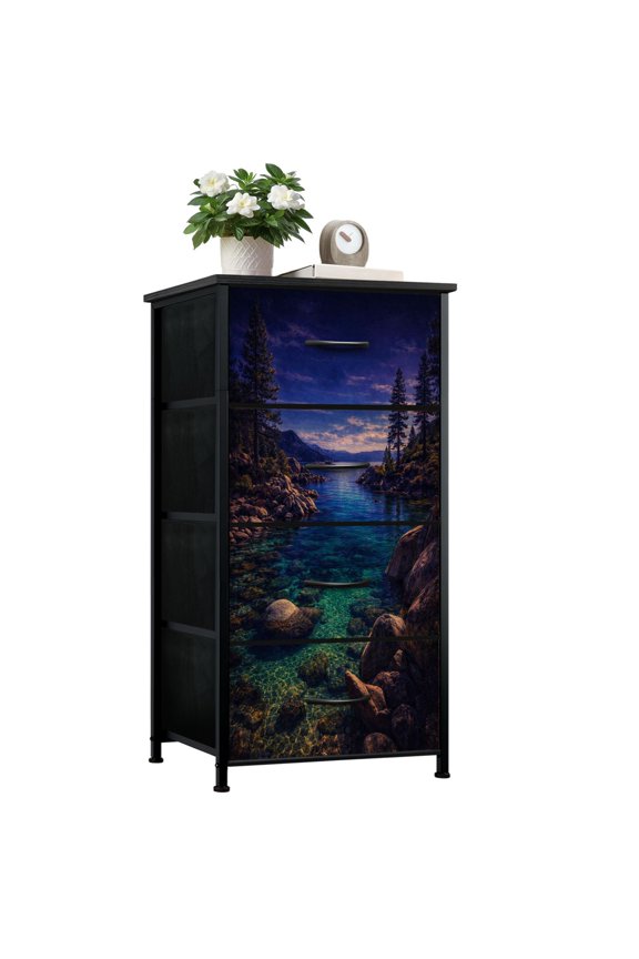 Gothic Dresser for Bedroom with 4 Storage Drawers Lake Tahoe Dressers Chest of Drawers Steel Framed Fabric Closet Organizers for Boys Man Cave Dorm Entryway